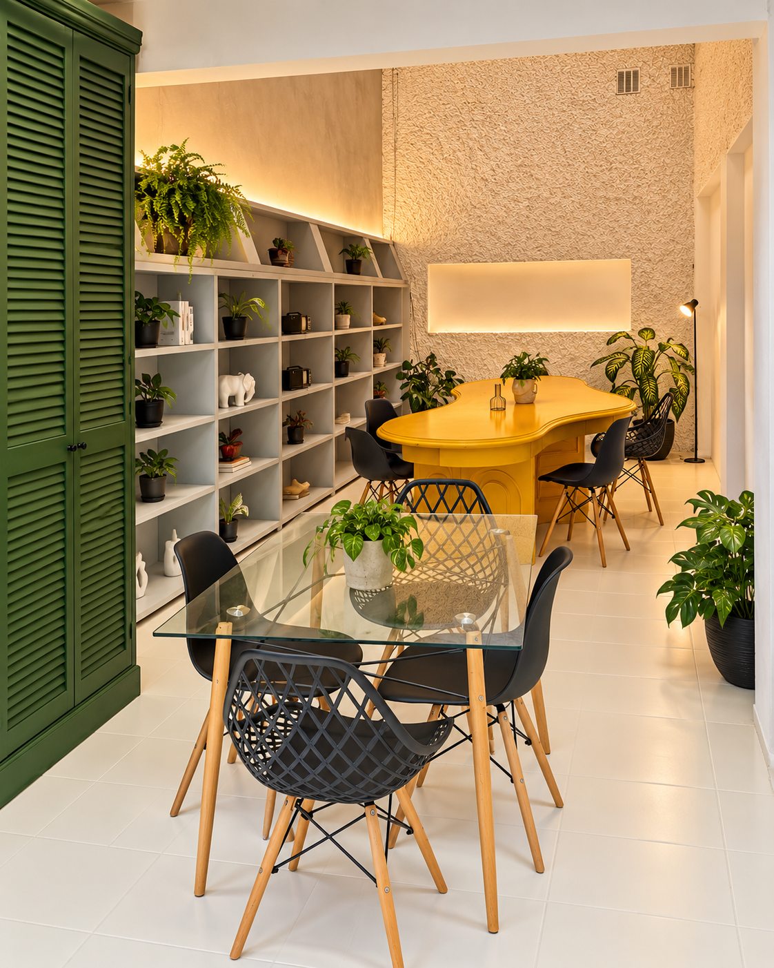 Área de coworking de Ideadora Hub con mesa amarilla y estaciones de trabajo
